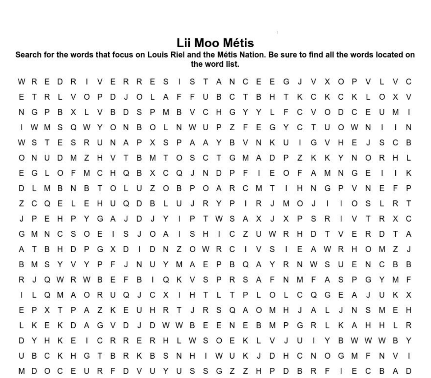 Métis Word Search - Lii Moo Métis