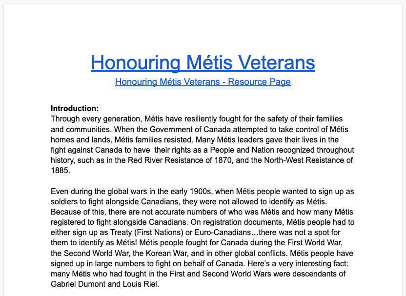 Honouring Métis Veterans Activity - Answer Key